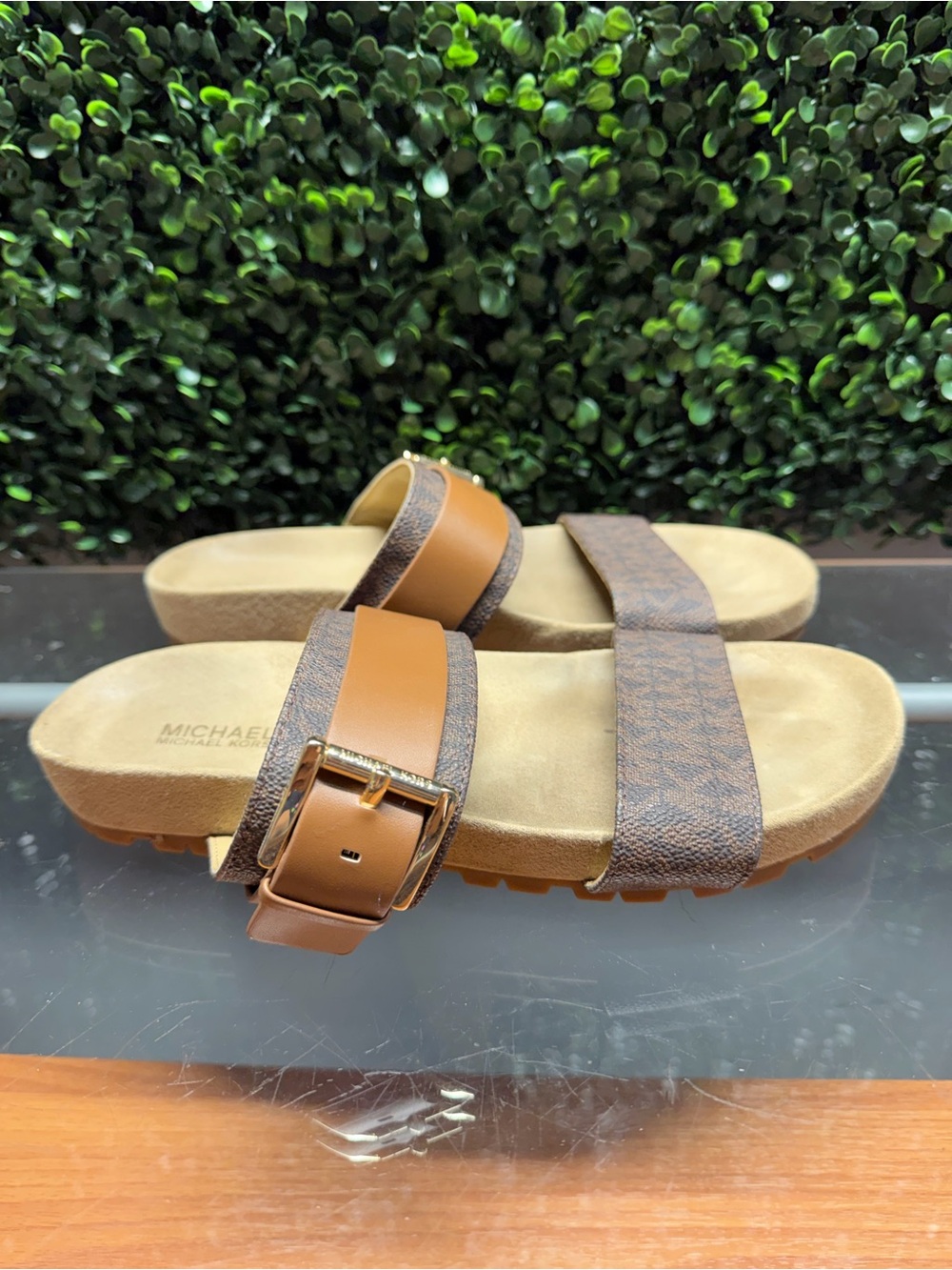 Michael Kors Brown and Tan Logo-Trim Slide Sandals